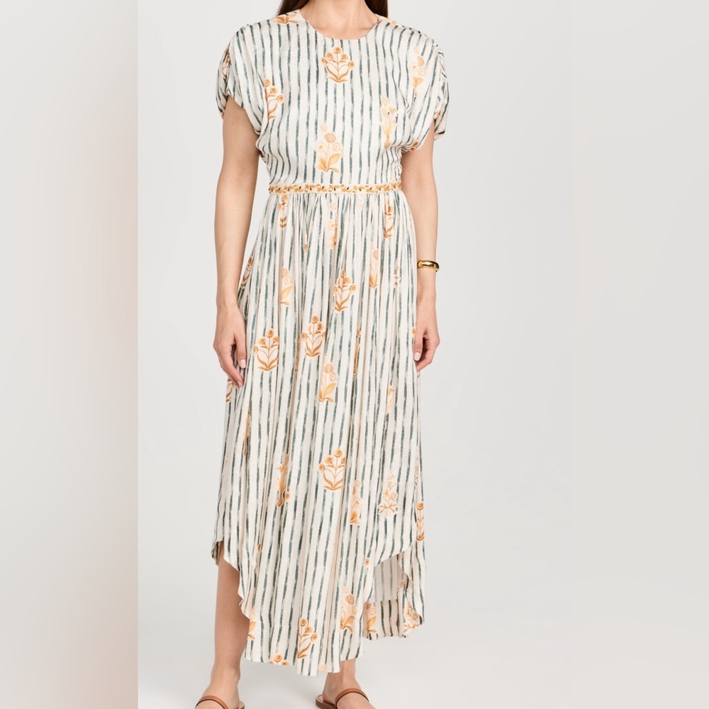 Agua Bendita Strip Floral Maxi Dress Short Sleeve Cream Green Size Small NWT - Picture 4 of 16
